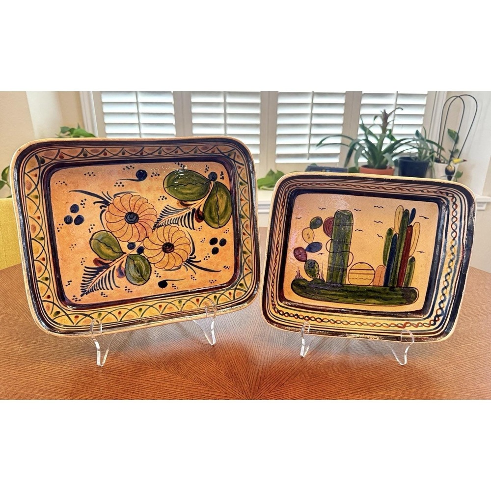 MCM Mexican Pottery Tray Lot 2 Cactus Floral Hand Painted Boho Decor Vtg Read